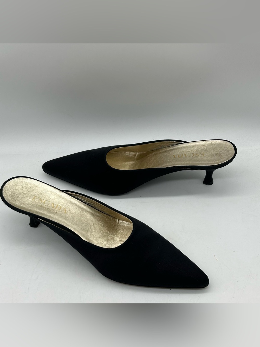 Escada Mules Kitten Heel Black Peau de Soie 8.5 EUC